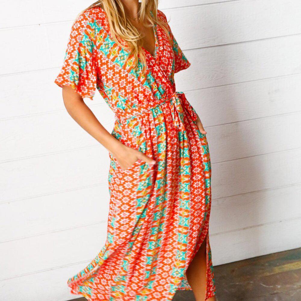 New Orange Boho Print Surplice Sash Belt Midi Dress - 3X