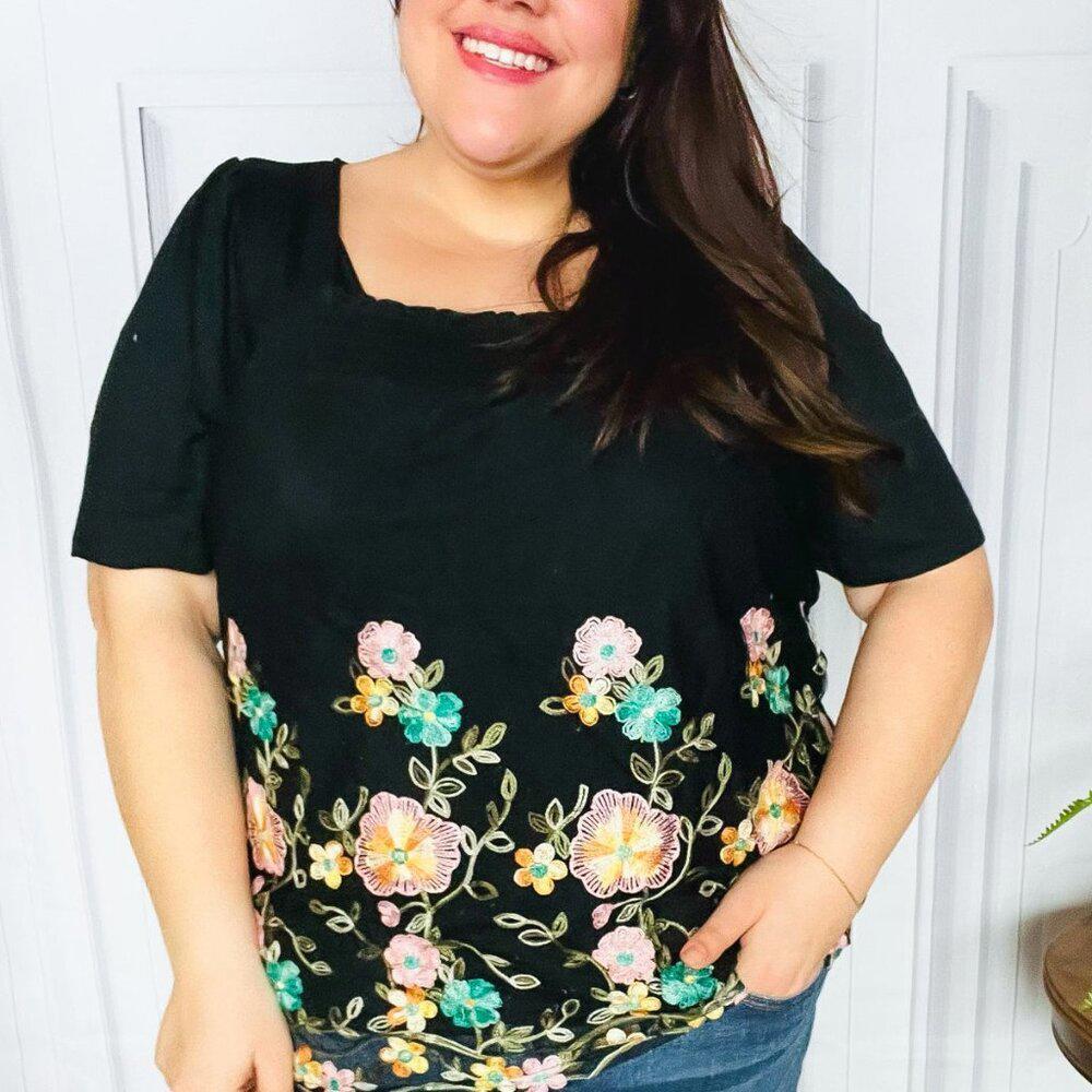 NWT Black Floral Embroidery and Lace Smocked Top 3x