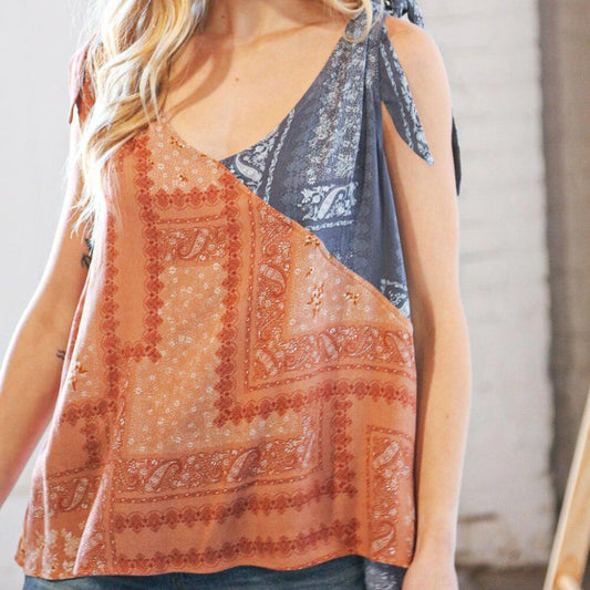 New Coral & Navy Paisley Shoulder Tie Top - 2X