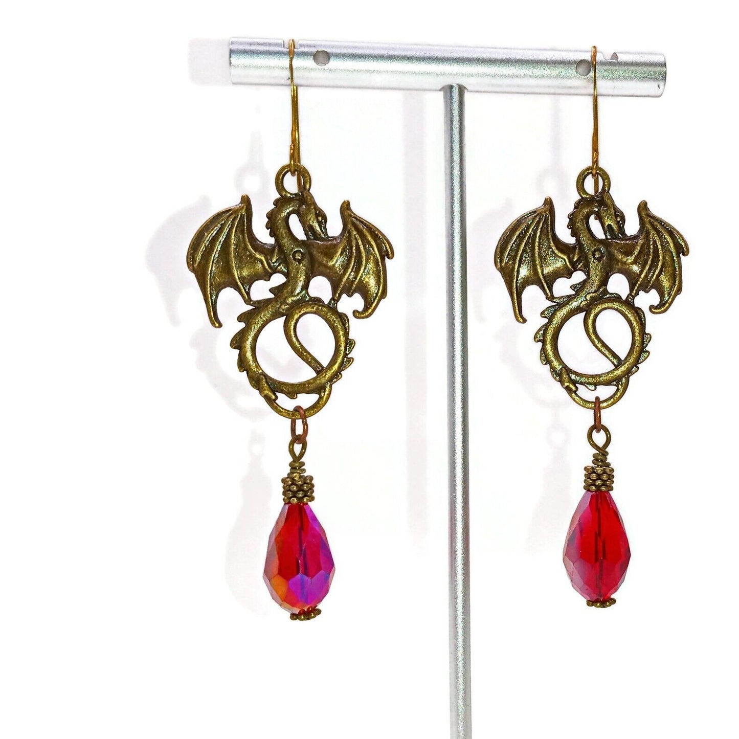 Unique Handcrafted Brass Dragon Earrings with Red Crystals