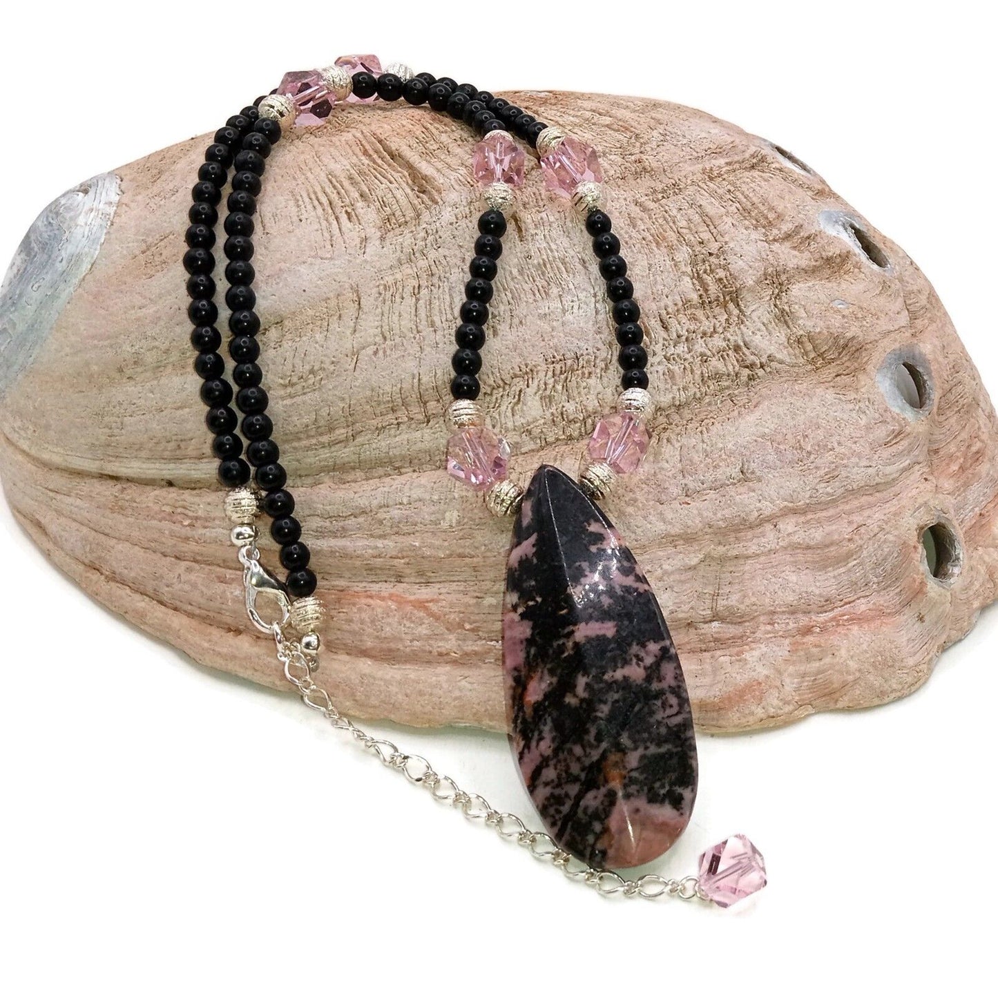 Genuine Rhodonite Pendant Necklace With Matching Earrings-094446402