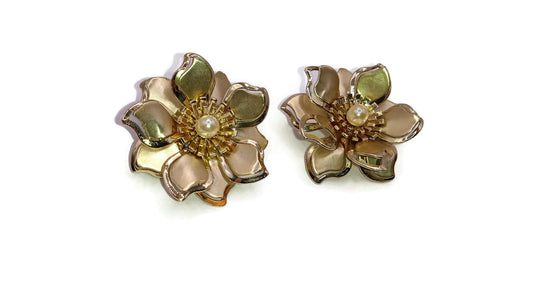 Metal Flower Clip on Earrings with Pearl Center