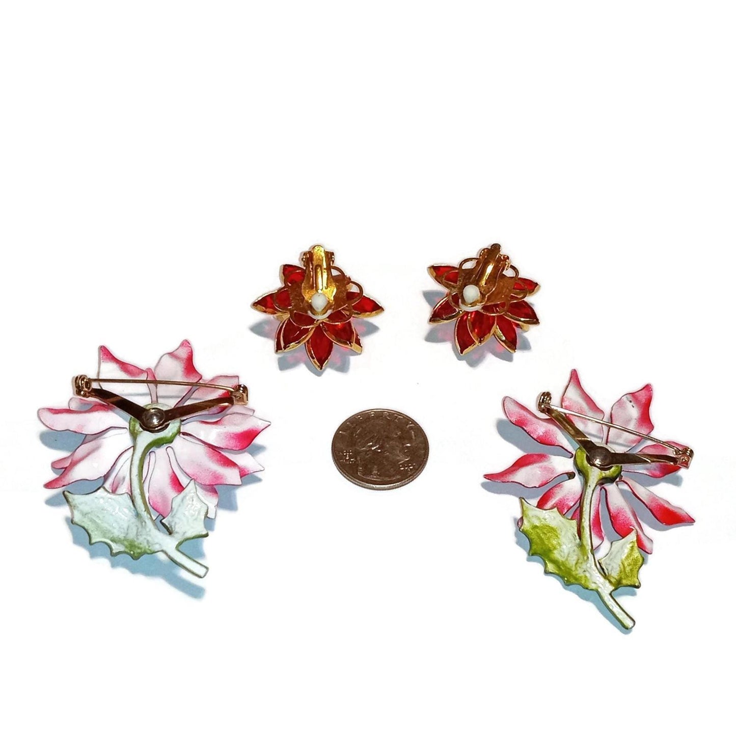 Two Vintage Enamel Poinsettia Brooches and Clip On Earrings Lot