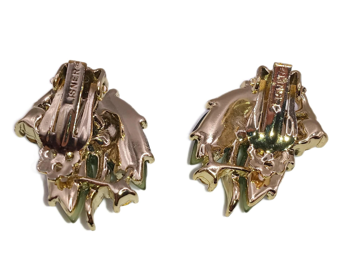1960s Signed LISNER Green Molded Lucite & Rhinestone Leaf Clip Earrings