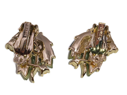 1960s Signed LISNER Green Molded Lucite & Rhinestone Leaf Clip Earrings