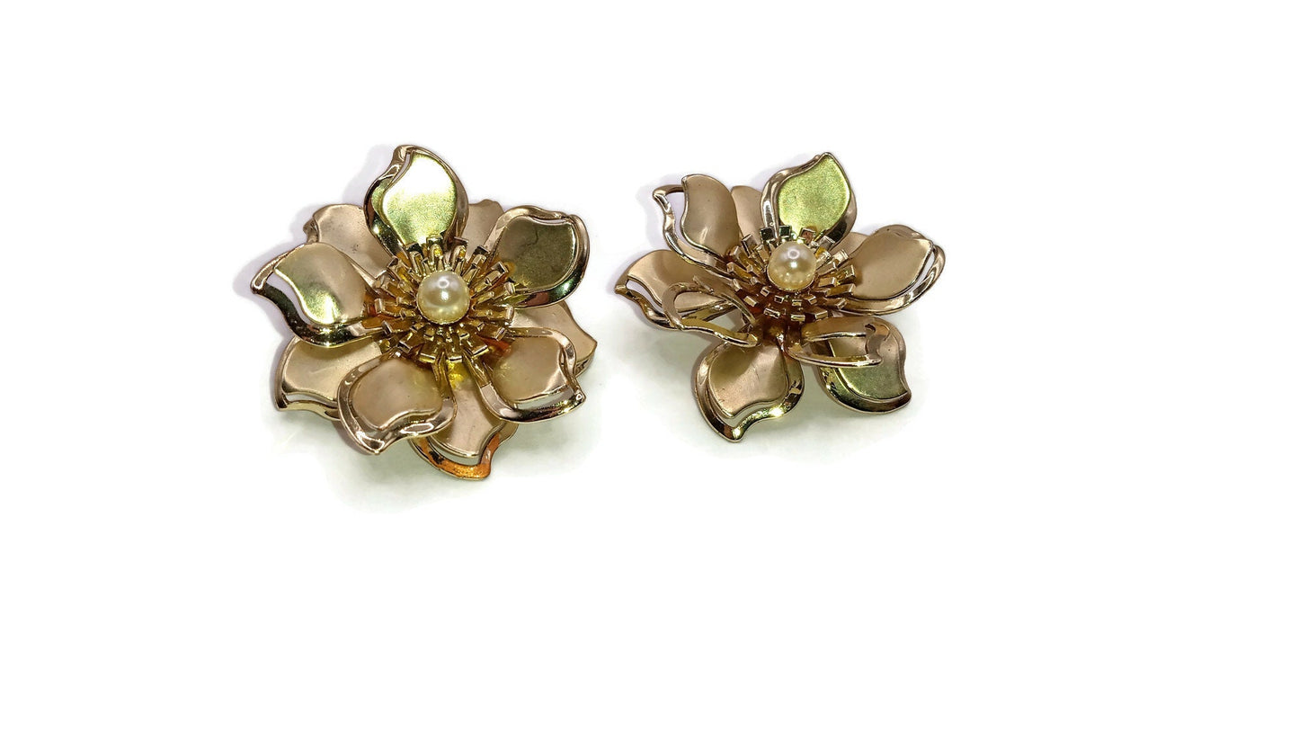 Metal Flower Clip on Earrings with Pearl Center