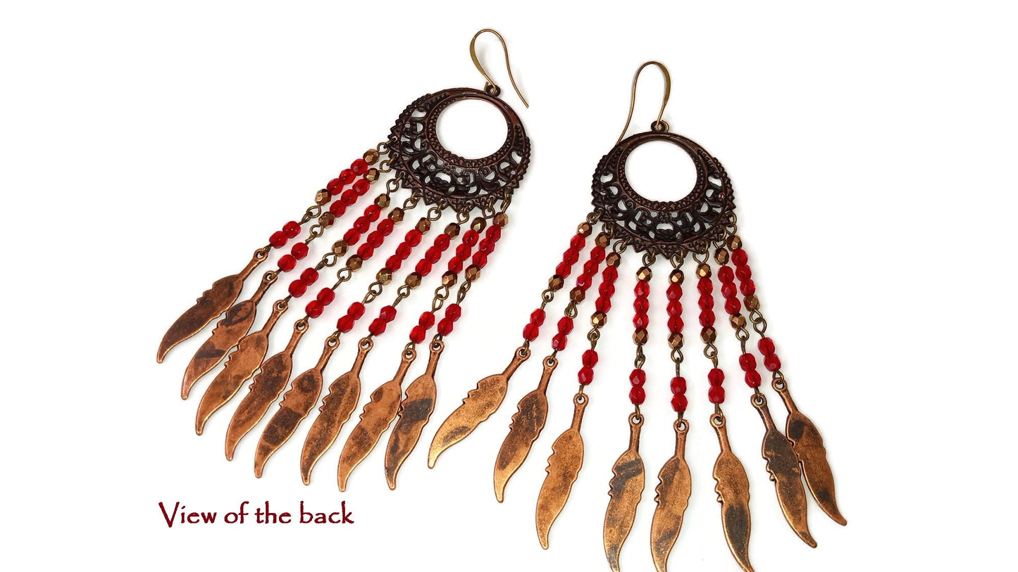 Large Long Red Chandelier Earrings