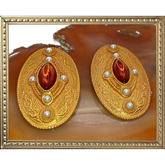 Large Gold Color Metal Rhinestone Clip On Earrings