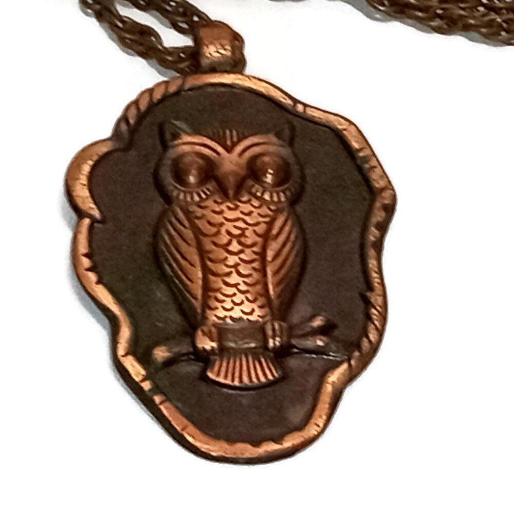 Vintage Charming Solid Copper Bell Trading Owl Pendant and Chain