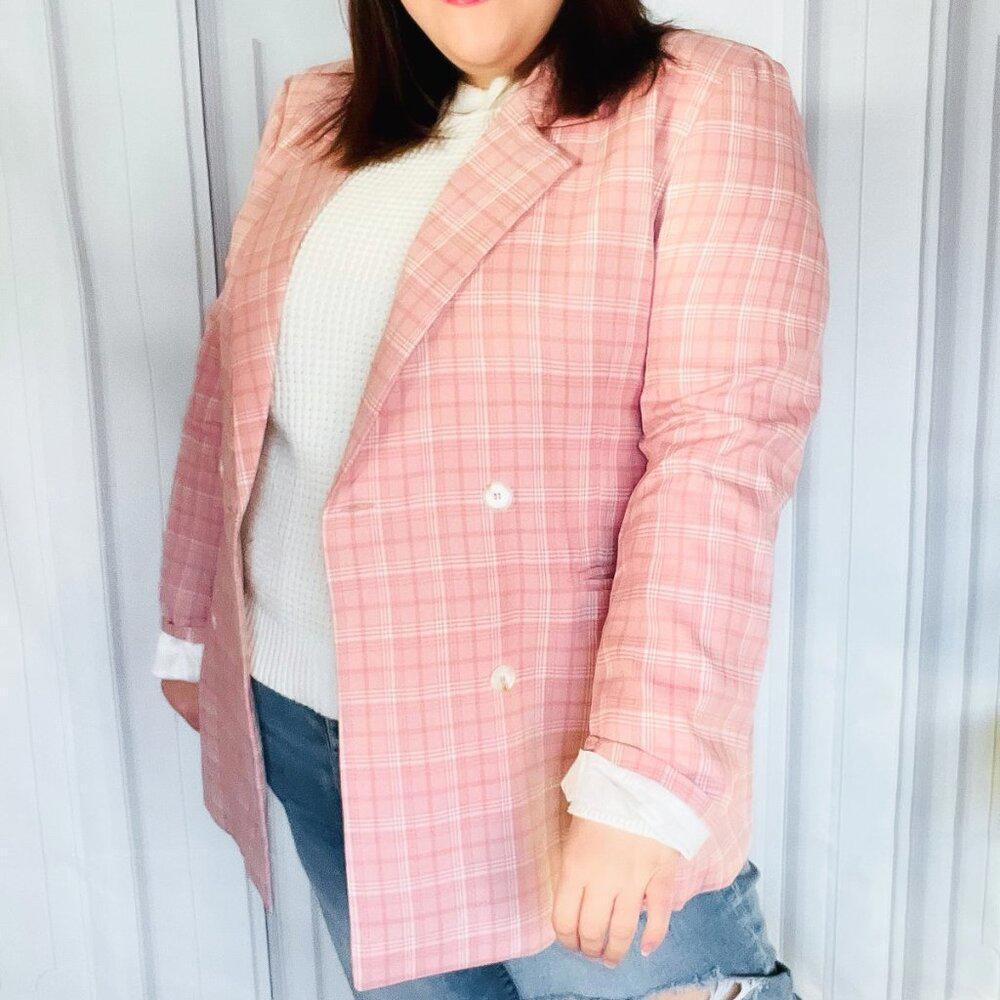 New -Pink Plaid Double Breasted Collar Lapel Blazer  3x