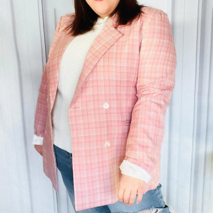 New -Pink Plaid Double Breasted Collar Lapel Blazer  3x