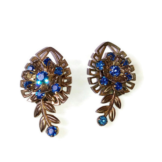Deep Blue Floral Shaped Rhinestone Clip on Earrings