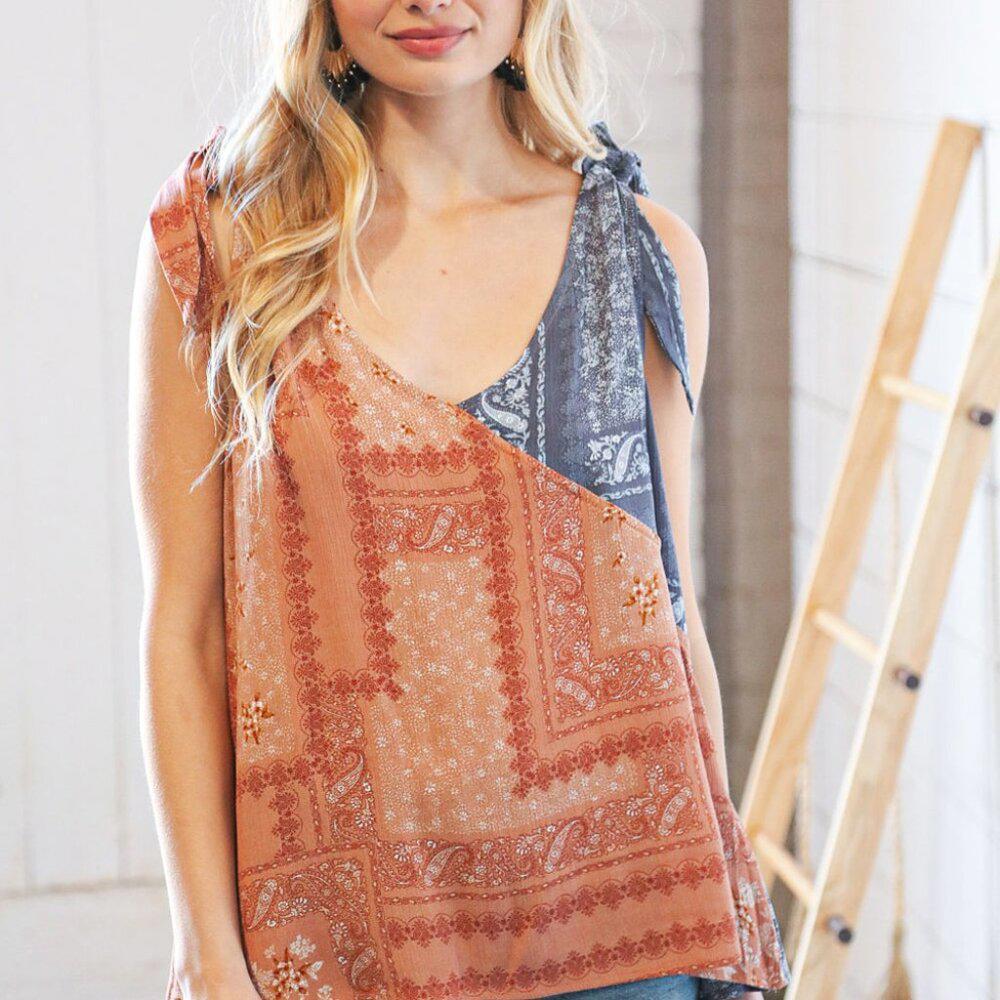 New Coral & Navy Paisley Shoulder Tie Top - 2X