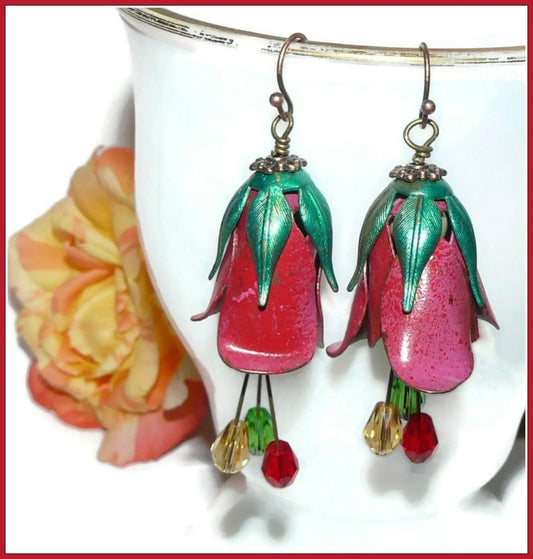 Red Rose Handcrafted Earrings, Rose Earrings