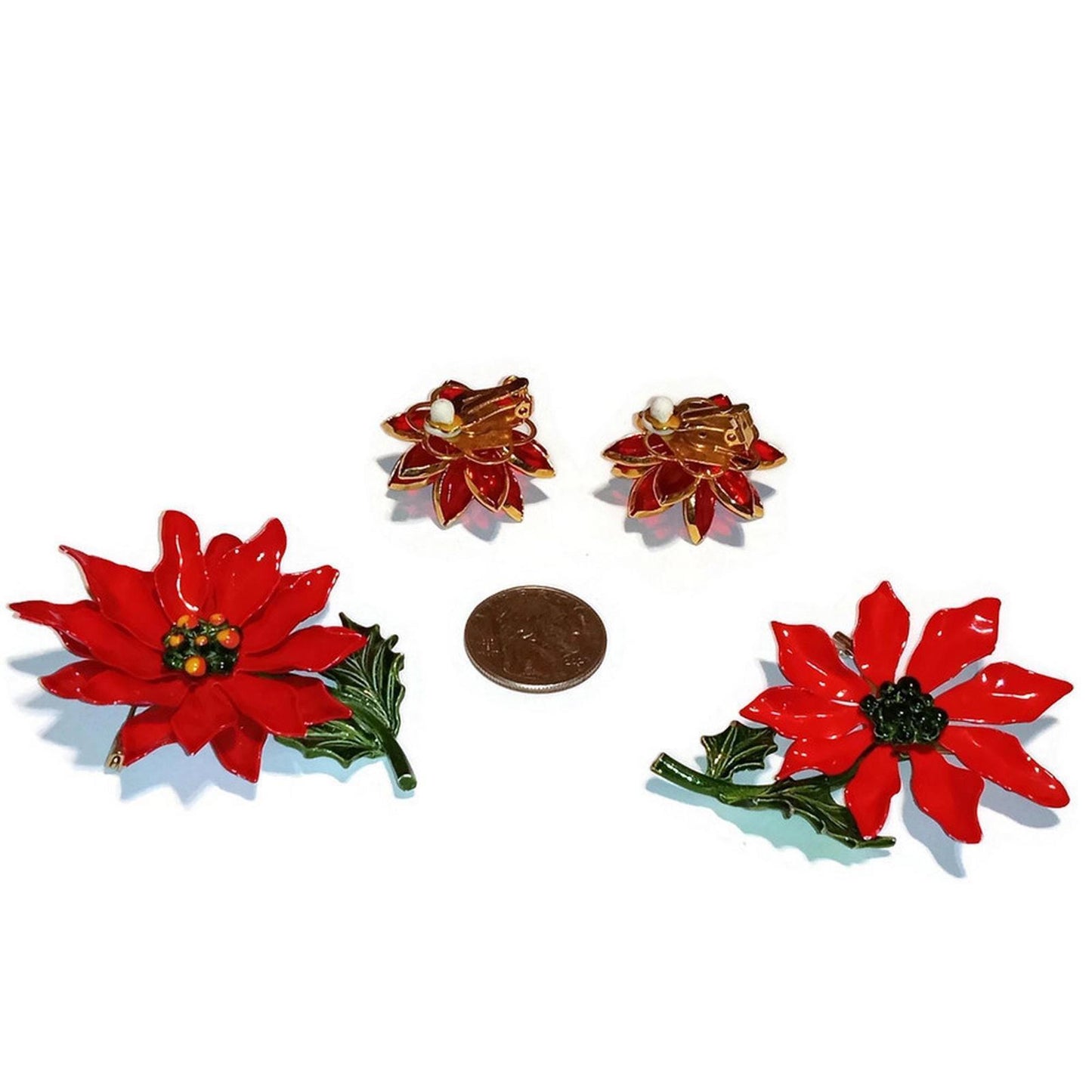 Two Vintage Enamel Poinsettia Brooches and Clip On Earrings Lot