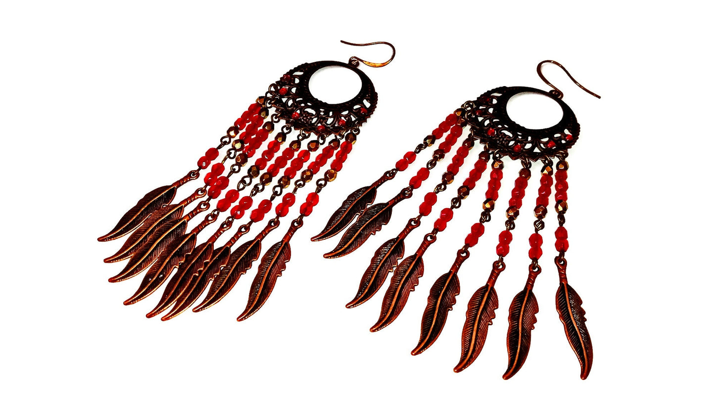 Large Long Red Chandelier Earrings