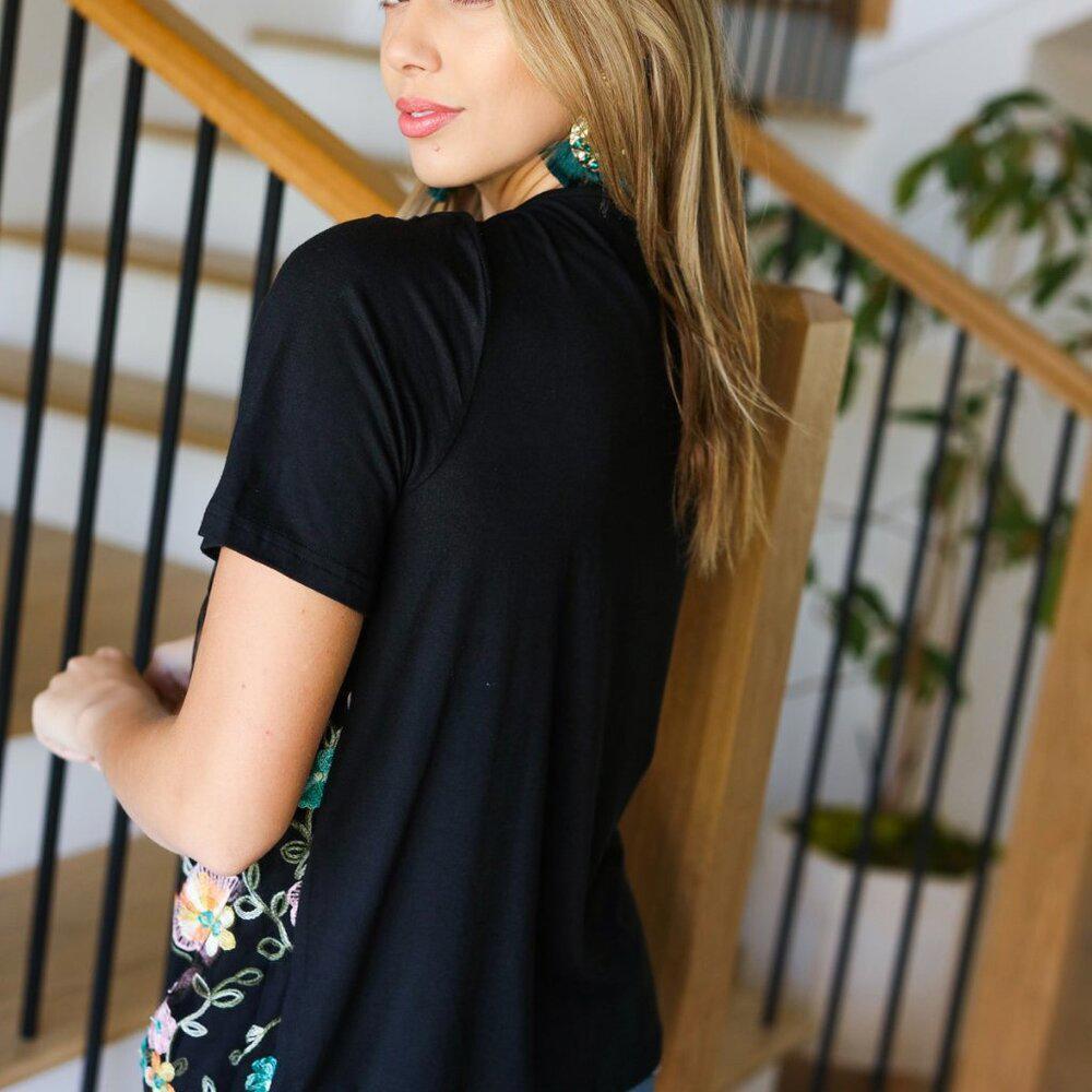 NWT Black Floral Embroidery and Lace Smocked Top 3x