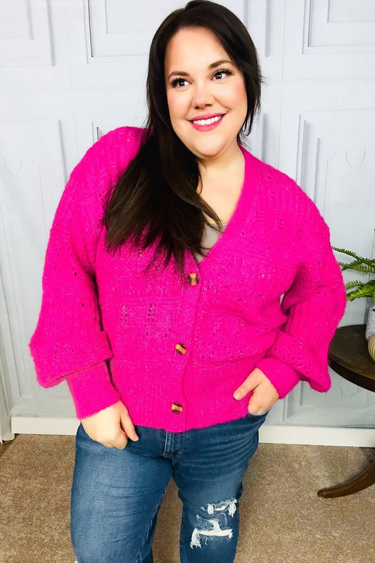 New -Pretty In Pink Button Down Pointelle Knit Cardigan Sizes 1x, 2x, 3x