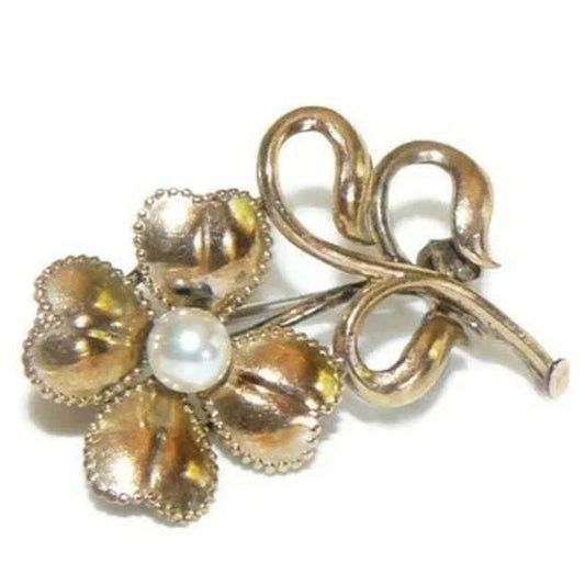 Antique Gold Filled Flower Brooch with Genuine Pearl