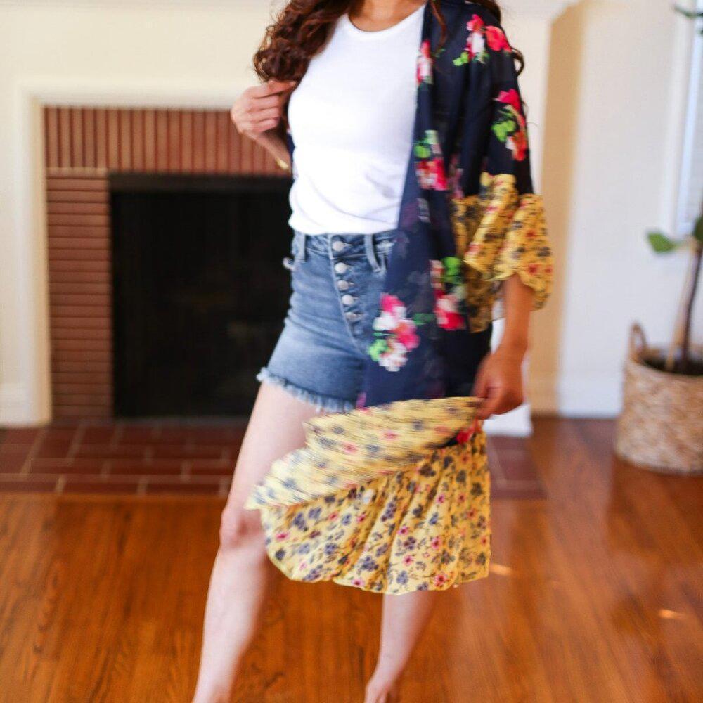 New Navy & Yellow Colorblock Floral Chiffon Ruffle Kimono 3X