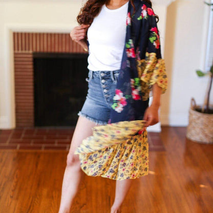 New Navy & Yellow Colorblock Floral Chiffon Ruffle Kimono 3X