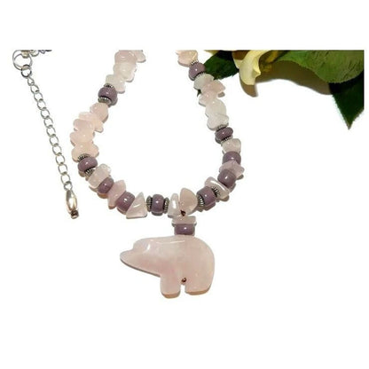 Bear Pendant Rose Quartz Bead Necklace