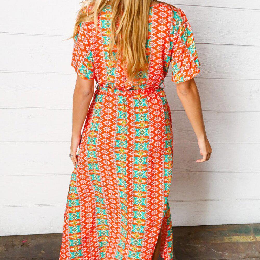 New Orange Boho Print Surplice Sash Belt Midi Dress - 3X