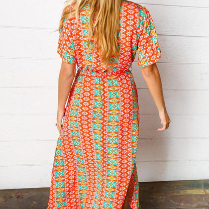 New Orange Boho Print Surplice Sash Belt Midi Dress - 3X