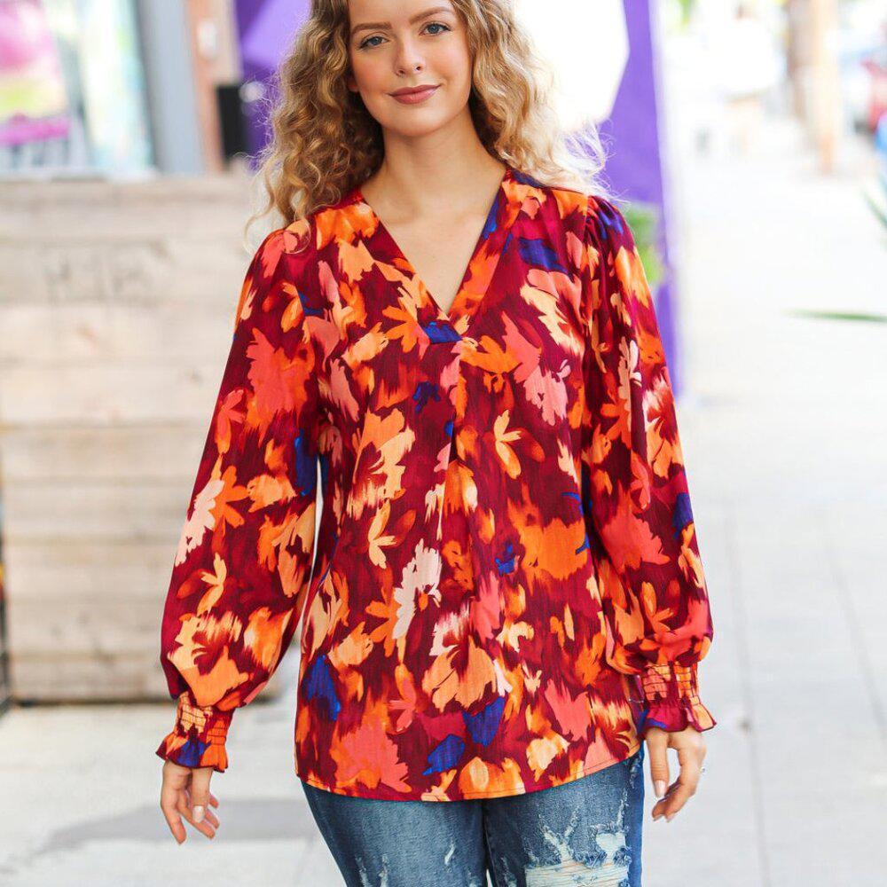 New Burgundy Floral Abstract Print V Neck Smocked Top 3X
