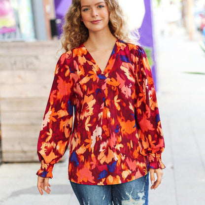 New Burgundy Floral Abstract Print V Neck Smocked Top 3X
