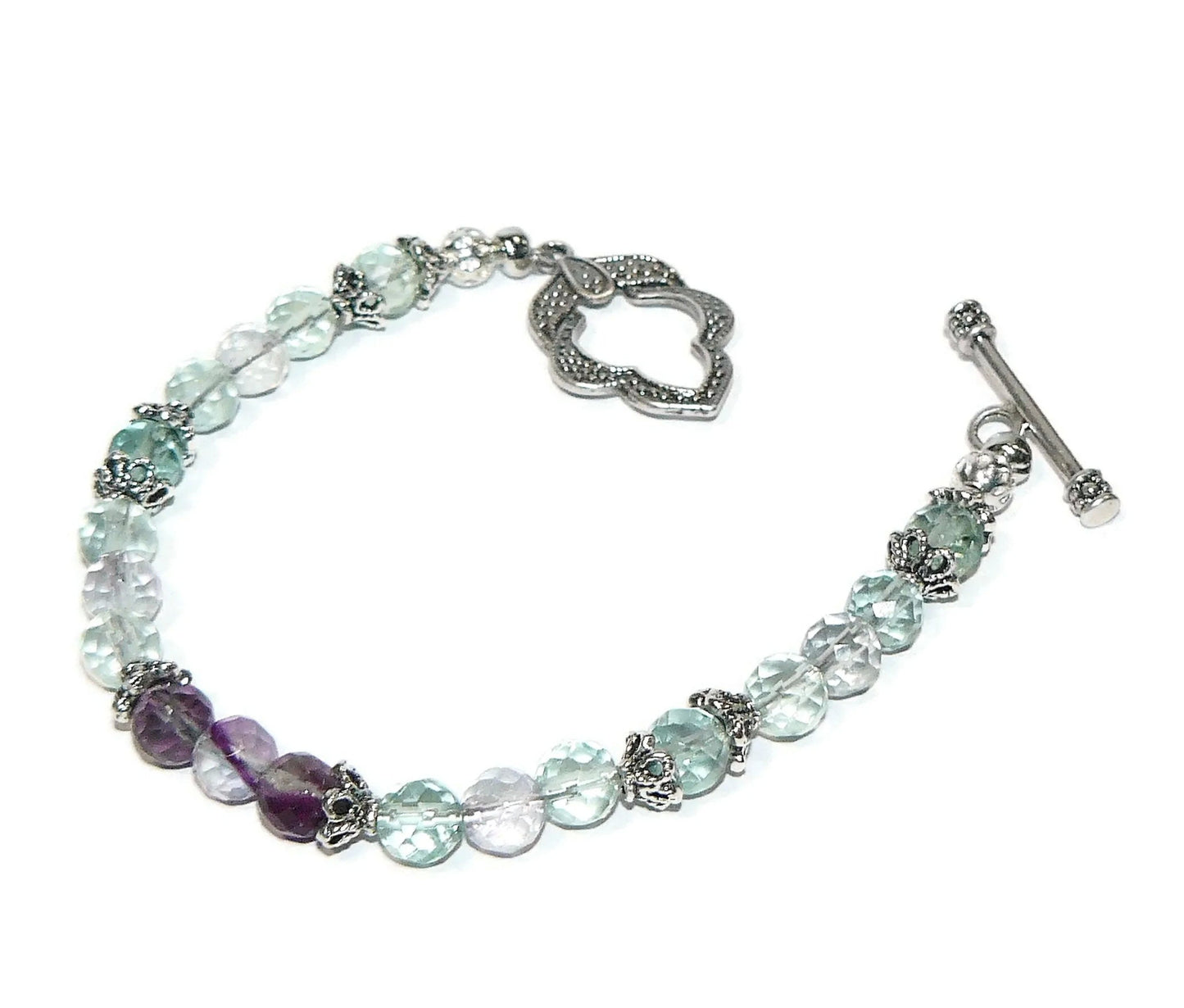 Semi Precious Fluorite Bead Bracelet with Fancy Silver Plated Clasp