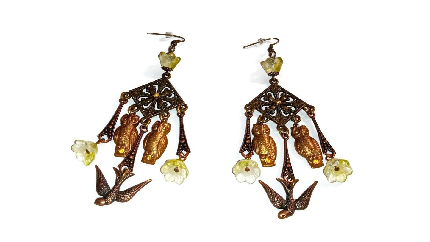 Bird and Owls Earrings, Chandelier Earrings