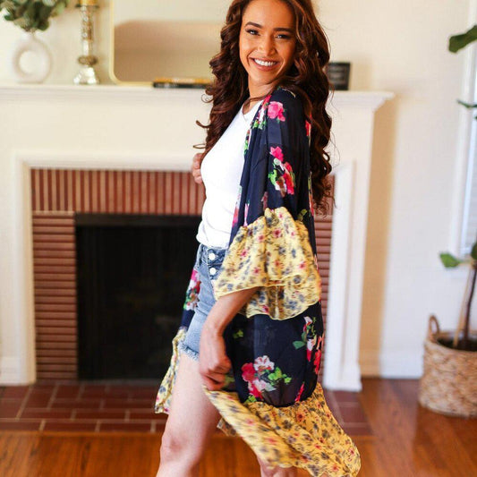 New Navy & Yellow Colorblock Floral Chiffon Ruffle Kimono 3X