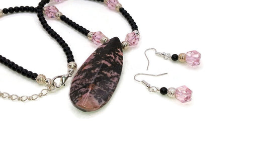 Genuine Rhodonite Pendant Necklace With Matching Earrings-094446402