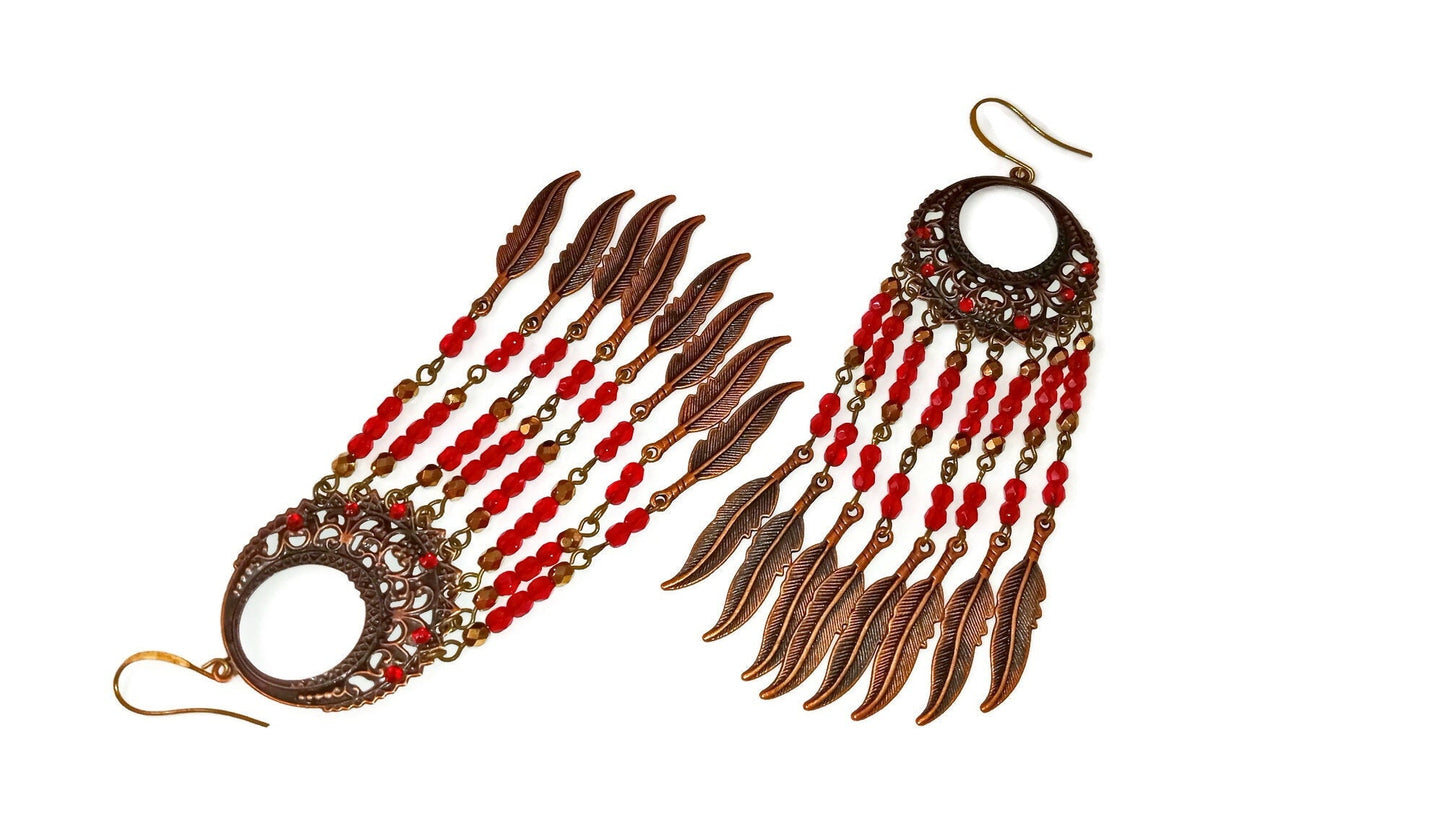 Large Long Red Chandelier Earrings