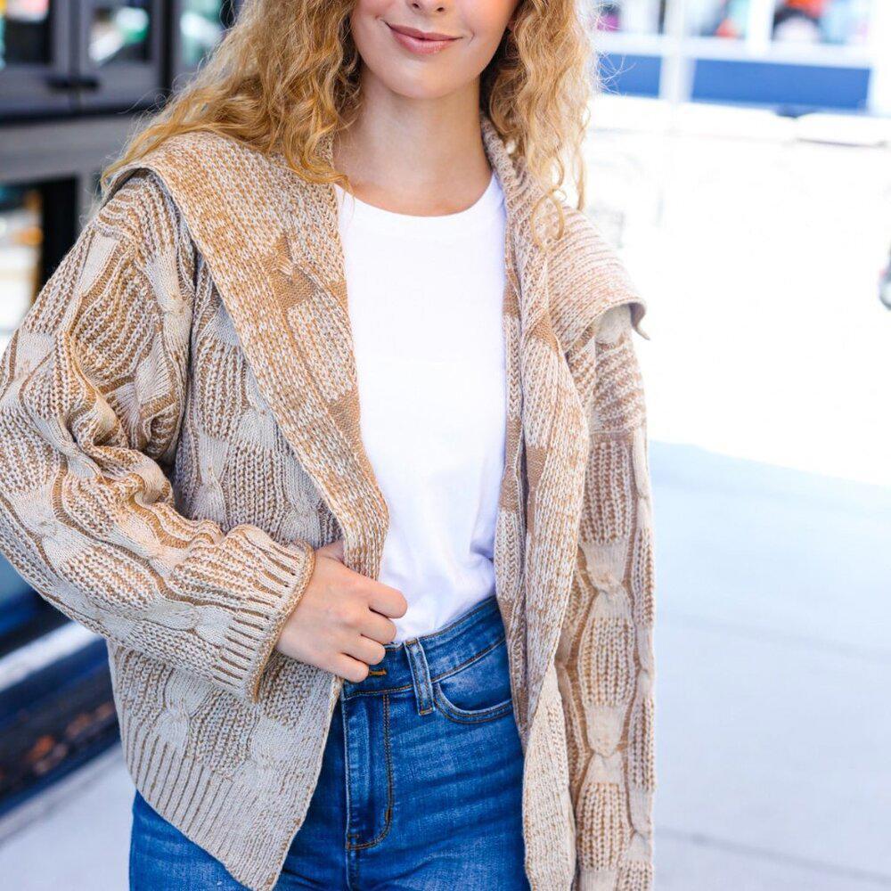 New Autumn Vibes Taupe Textured Cable Knit Collared Cardigan ~~Sizes 1x,2x,3x
