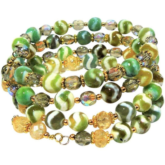Tibetan Beads with Citrine Gold Plated Spacers Memory Wire Bracelet