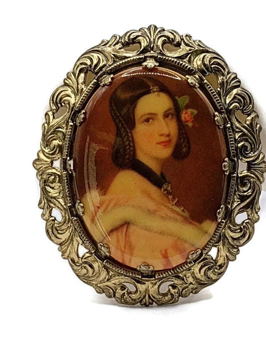 Vintage Western Germany Victorian Lady Portrait Filigree Brooch