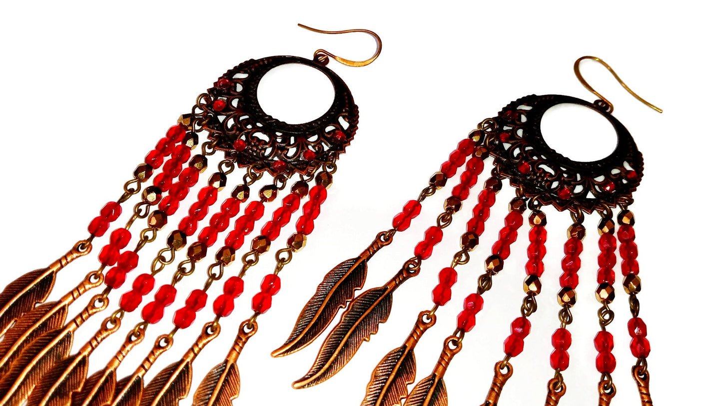 Large Long Red Chandelier Earrings