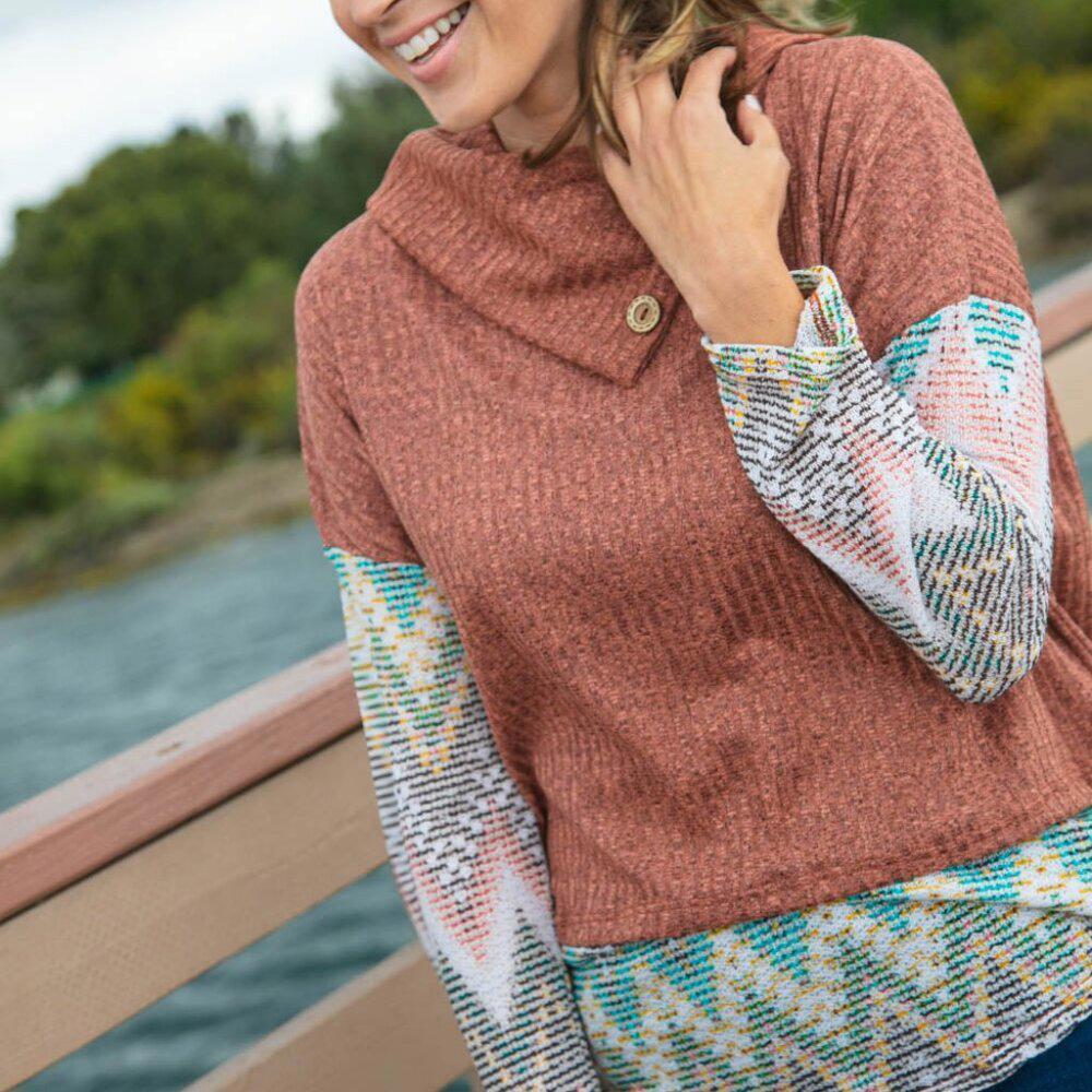 Two Tone Chevron Pattern Oversized Knit Turtleneck -Sizes: 2x, 3x