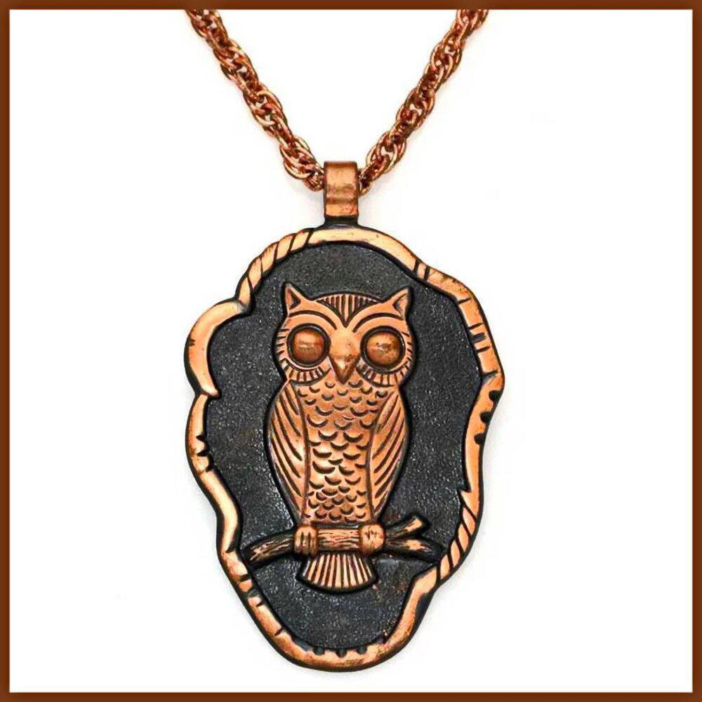 Vintage Charming Solid Copper Bell Trading Owl Pendant and Chain
