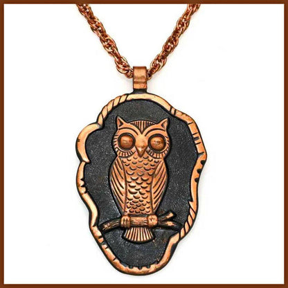 Vintage Charming Solid Copper Bell Trading Owl Pendant and Chain
