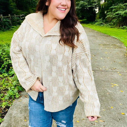 New Autumn Vibes Taupe Textured Cable Knit Collared Cardigan ~~Sizes 1x,2x,3x
