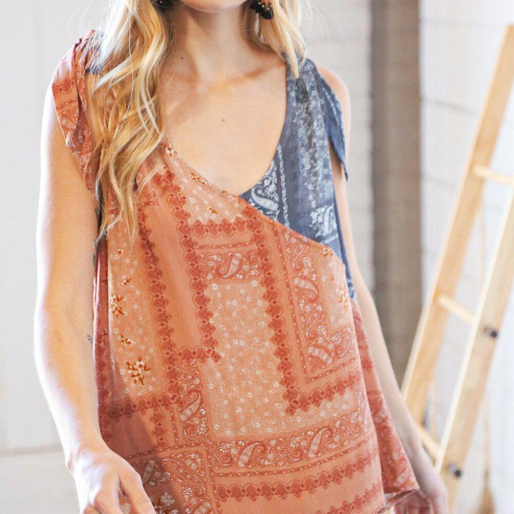 New Coral & Navy Paisley Shoulder Tie Top - 2X