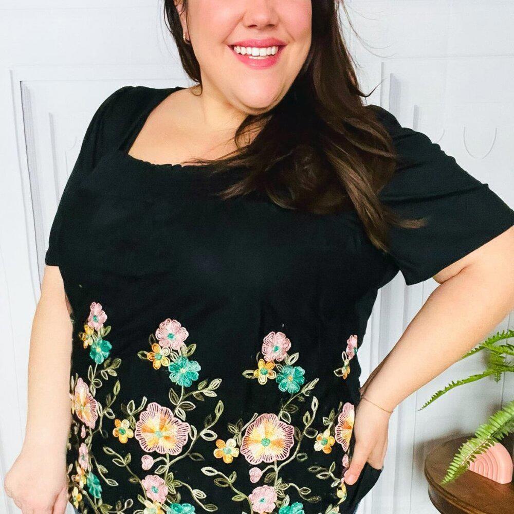 NWT Black Floral Embroidery and Lace Smocked Top 3x