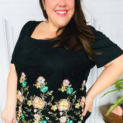 NWT Black Floral Embroidery and Lace Smocked Top 3x