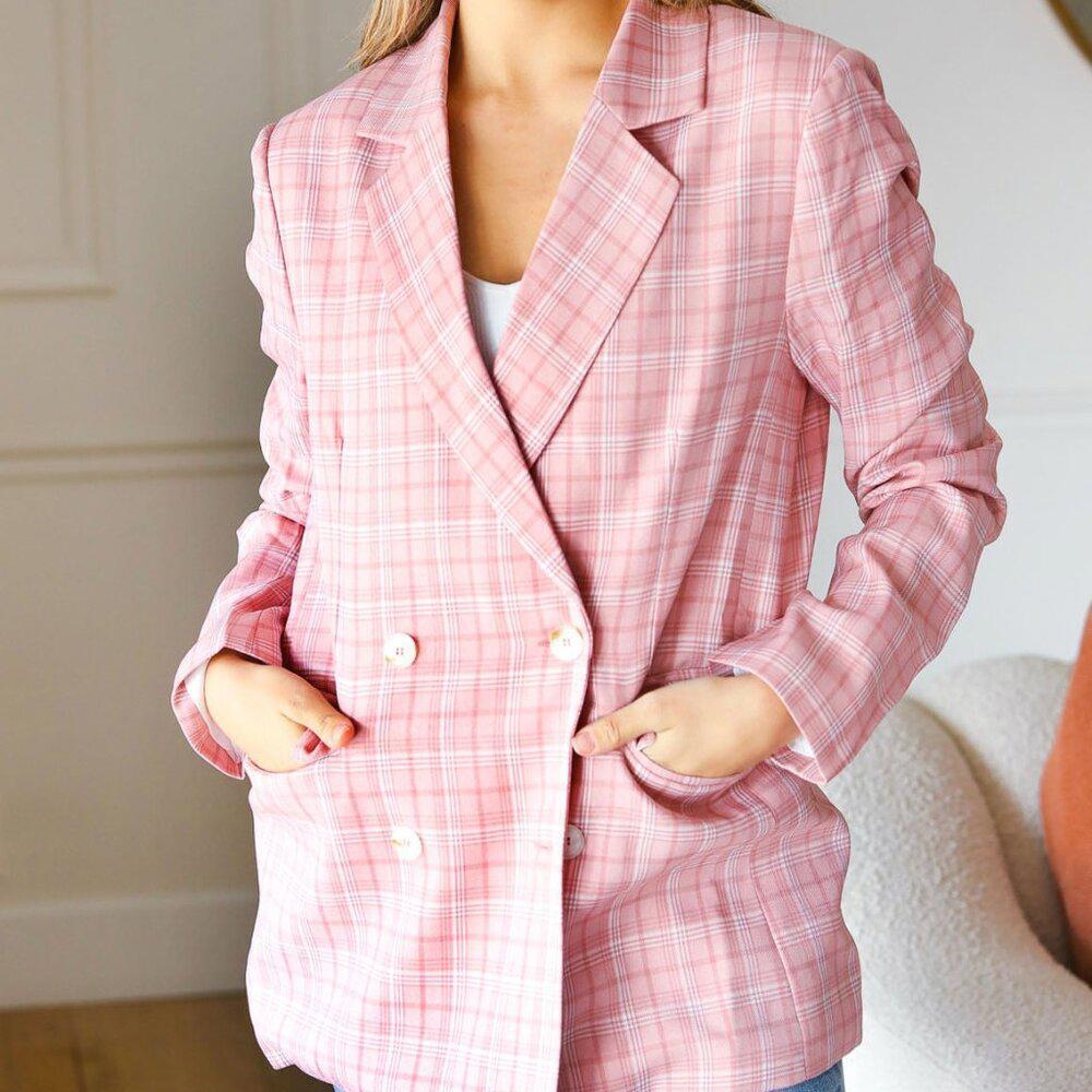 New -Pink Plaid Double Breasted Collar Lapel Blazer  3x