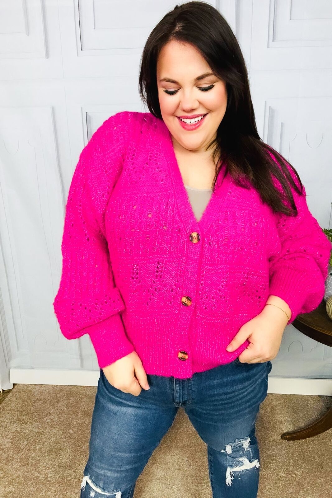 New -Pretty In Pink Button Down Pointelle Knit Cardigan Sizes 1x, 2x, 3x
