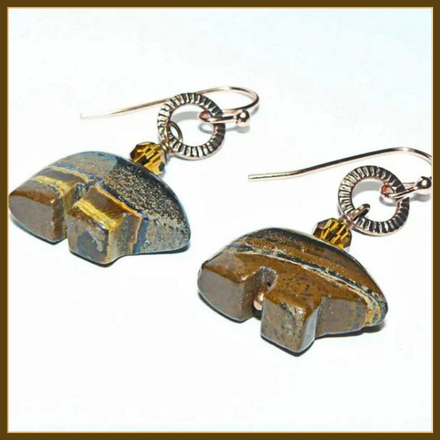 Tiger Iron and Copper Handcrafted Bear Shape Earrings