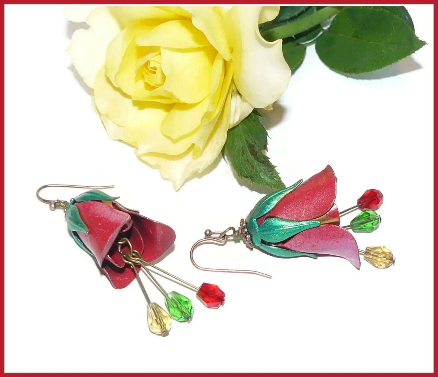 Red Rose Handcrafted Earrings, Rose Earrings